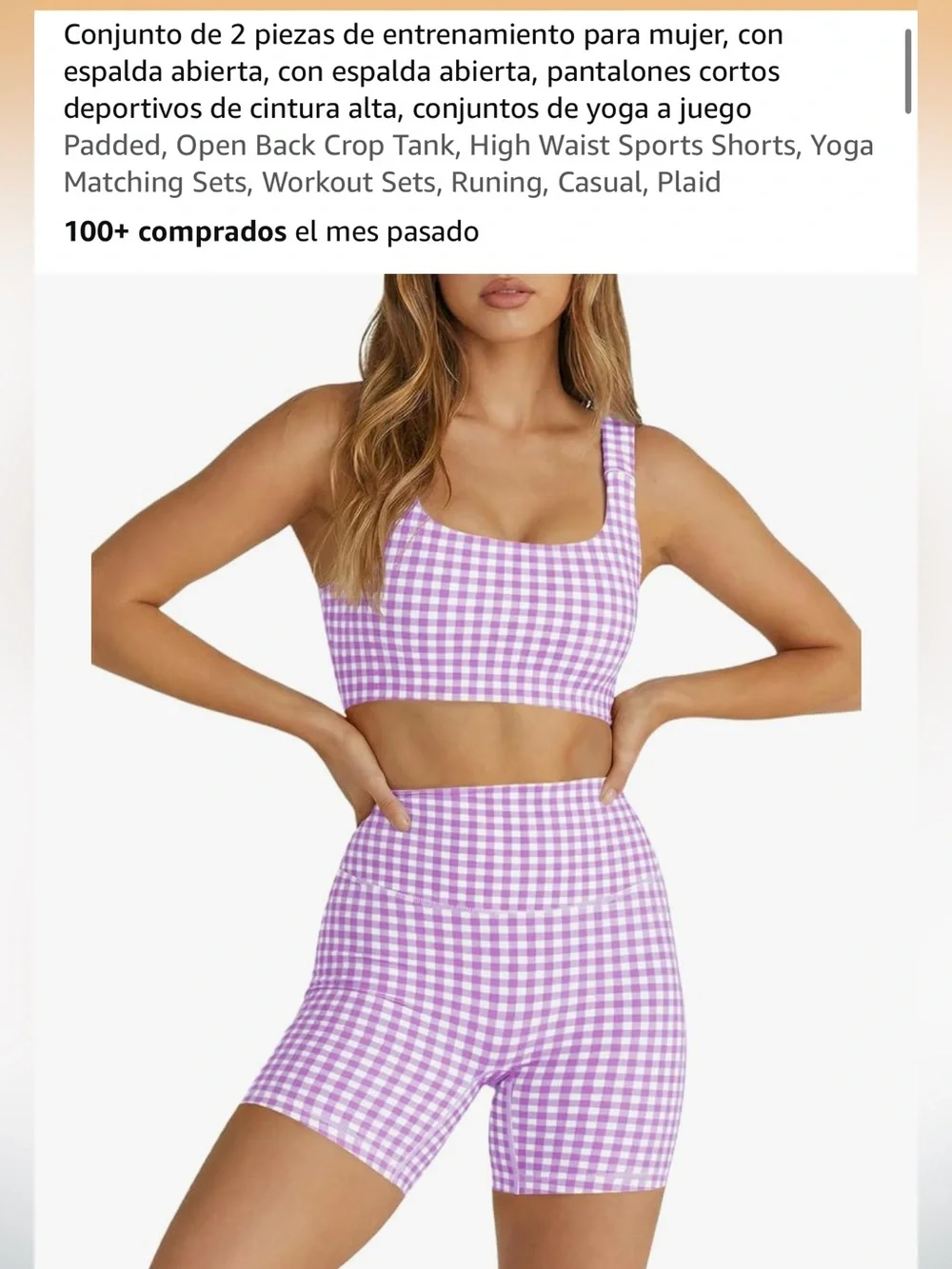 Gingham Scoop Neck Sports Bra & High-Waist Bike Shorts Set - Lilac ( small set )